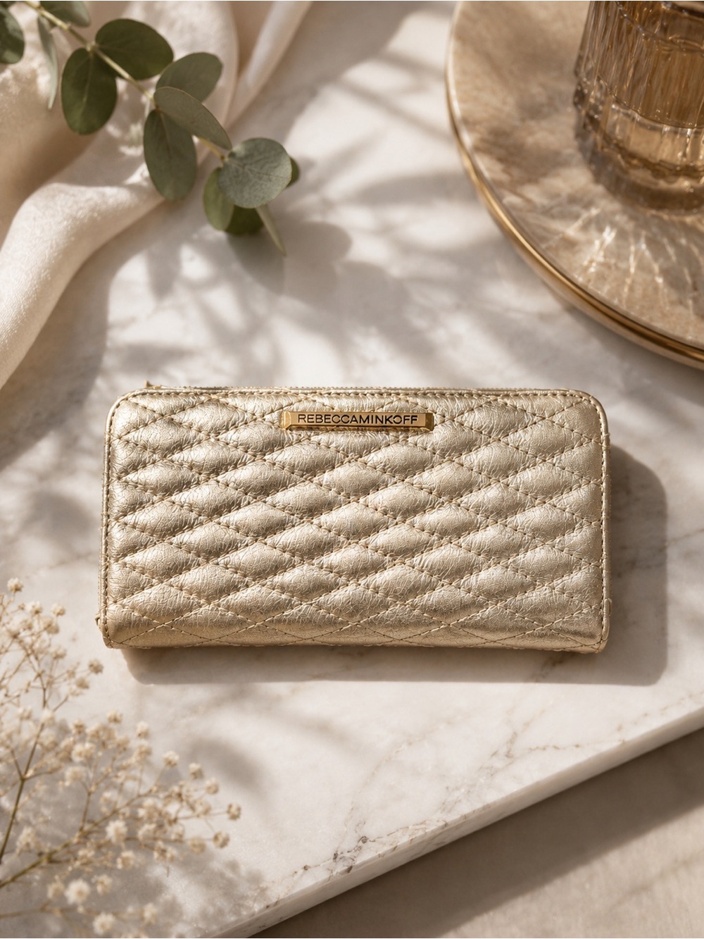 Rebecca Minkoff Metallic Gold Quilted Zip Wallet
